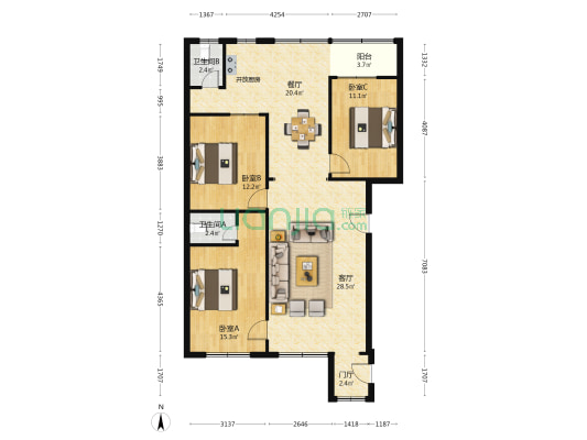 交警公寓 3室2厅2卫 109平方