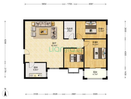 天保郦景 3室1厅 南-户型图