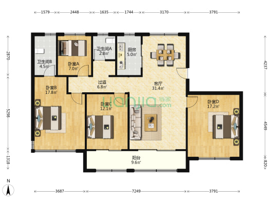 悦峰雅苑B区 4室1厅2卫 142平方