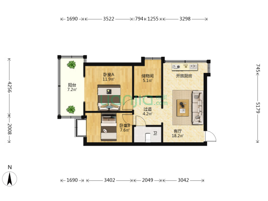 金马派出所家属区 2室1厅1卫 58平方