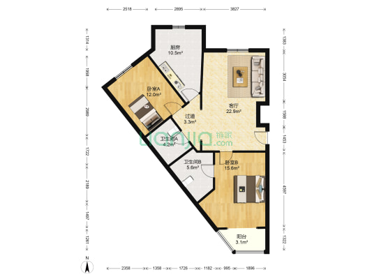 宏伟帝景 2室1厅2卫 107平方