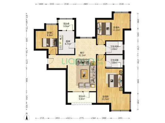 枫林天下一期 3室1厅2卫 119平方
