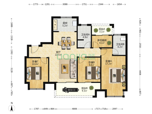 上坤都荟四季 4室1厅2卫 129平方