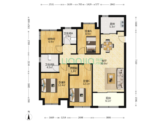 融侨观澜 3室1厅2卫 122平方