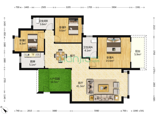 美沃园三区 3室1厅2卫 125平方