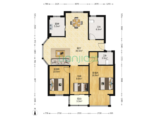 京华茗苑 3室1厅2卫 122平方