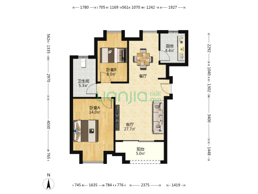 莲花国际B区 2室1厅1卫 88平方