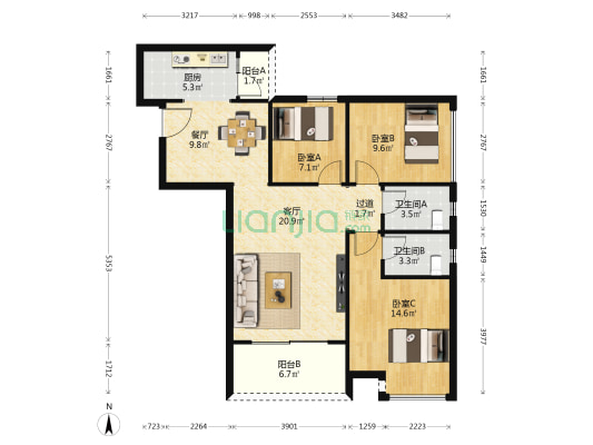 海成星光上院二期 3室2厅2卫 105平方