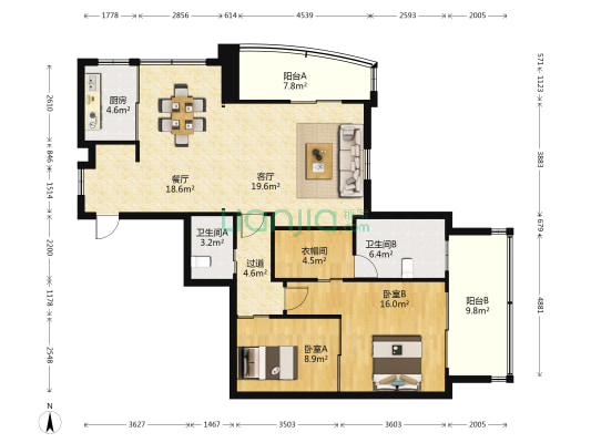仁恒国际公寓 2室2厅2卫 147平方