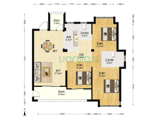 贵安新天地贵祥苑 3室1厅2卫 129平方