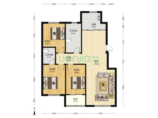 樱花国际 3室1厅2卫 123平方