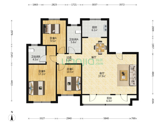 海信红岛府 3室1厅2卫 140平方