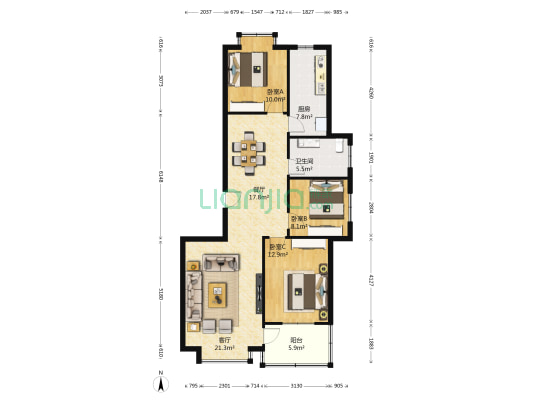 民泰龙泰苑B区 3室2厅1卫 118平方