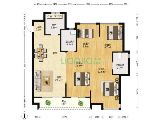 卓越荷塘景苑 4室1厅2卫 128平方