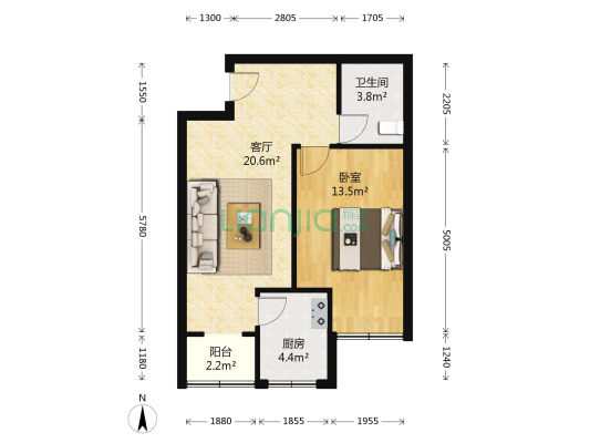 朝阳正规一居室  满五  房主着急卖-户型图
