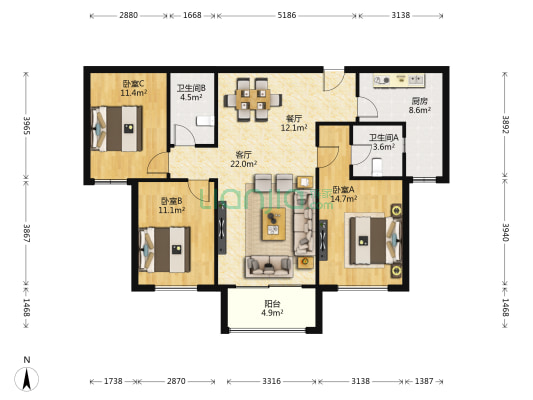 保利拉菲公馆南区 3室2厅2卫 124平方