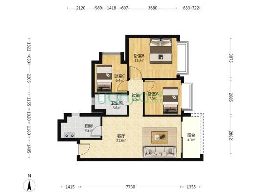 中新紫荆府 3室1厅1卫 88平方