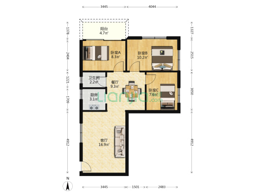 中一大厦 3室2厅1卫 77平方