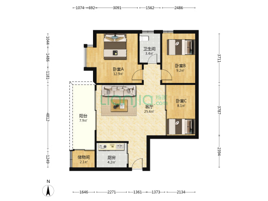 智富华轩 3室1厅1卫 95平方