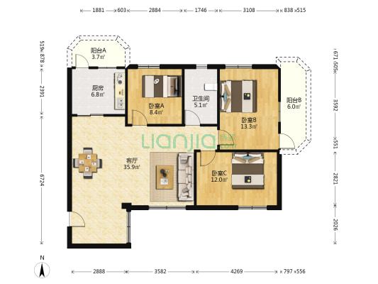 腾飞阁小区 3室1厅1卫 104平方