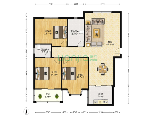 东方名城 3室1厅2卫 143平方