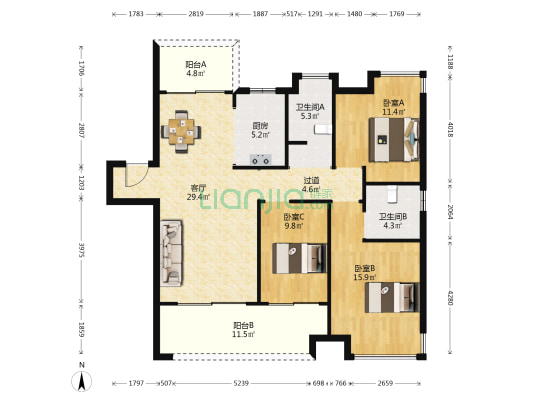 双清院子北区 3室1厅2卫 127平方
