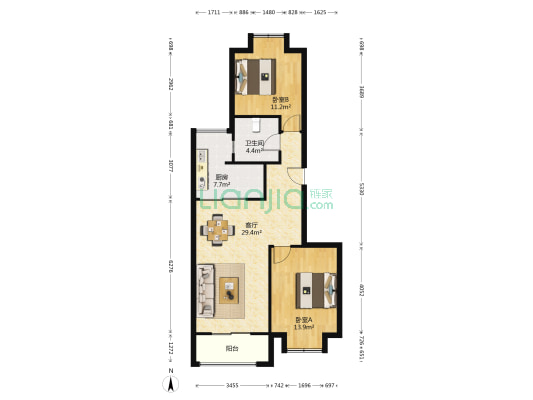 万博家园 2室1厅1卫 88平方