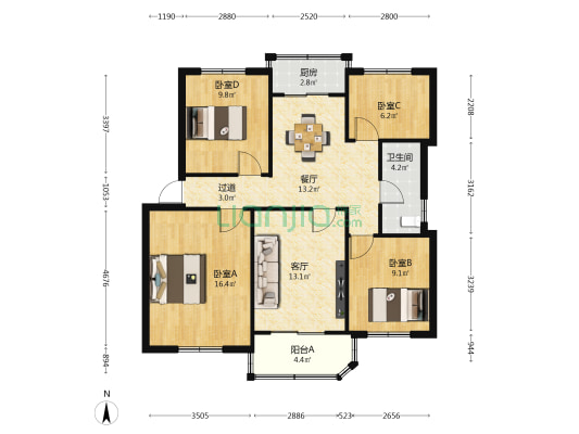 紫荆园 4室2厅1卫 97平方