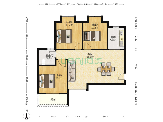 南湖新城家园 3室1厅1卫 103平方