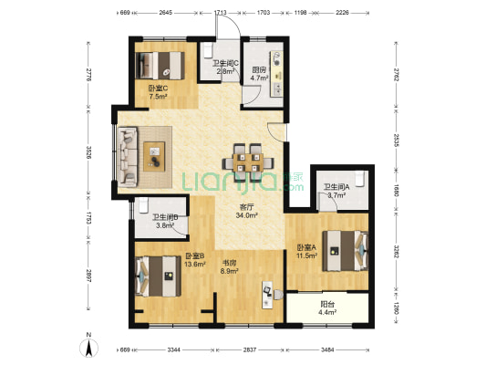 富春印象金座 4室1厅3卫 128平方