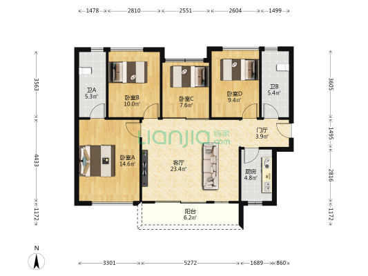 信达·珑桂蓝庭 4室1厅2卫 108平方
