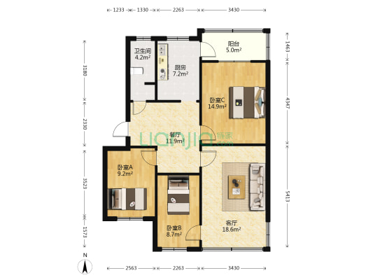 水泥厂院 3室2厅1卫 77平方