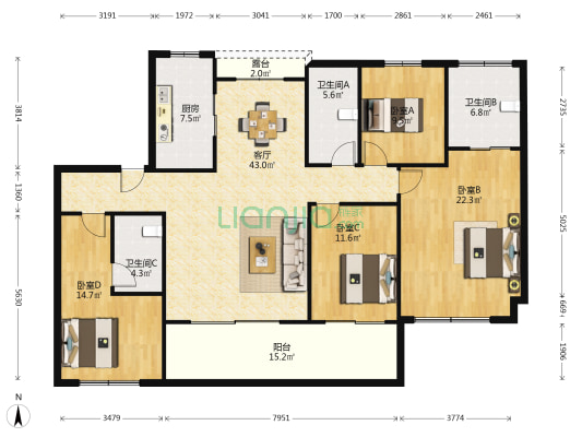 晴湾上园二区 4室1厅3卫 165平方