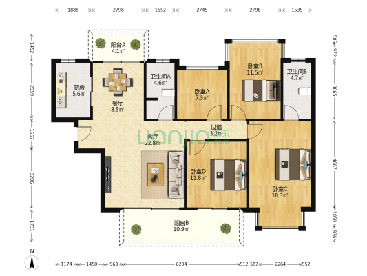 大唐盛世观湖 4室2厅2卫 132平方