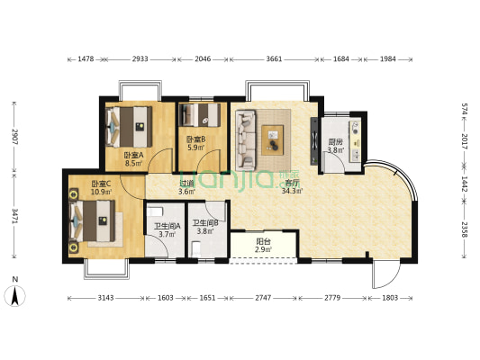 兴安苑 3室1厅2卫 91平方