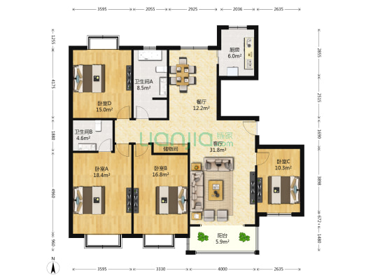海门名人苑 4室2厅2卫 165平方