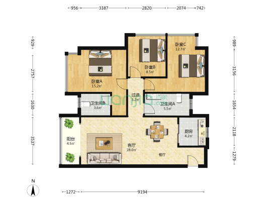 奥园永和府一期 3室1厅2卫 107平方