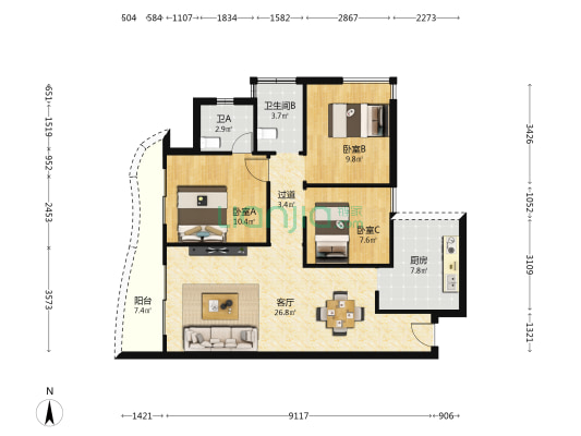 万汇中心 3室1厅2卫 85平方