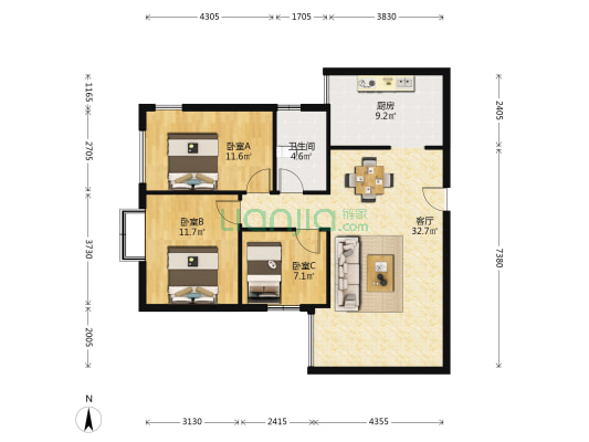 起辰和瑞广场 3室1厅1卫 95平方