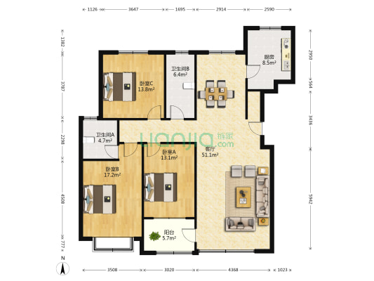 舜园小区 3室1厅2卫 151平方