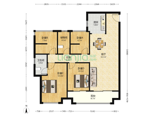 旭辉雨金广场 4室1厅1卫 126平方