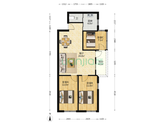 寺右村 3室1厅1卫 71平方