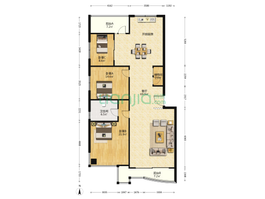 山海家园 3室1厅1卫 156平方