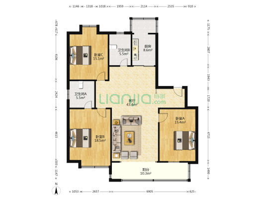 金藏海花园 3室1厅2卫 146平方