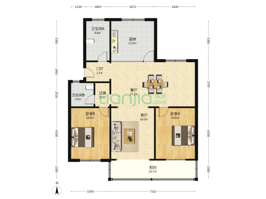 恒洋花苑 2室2厅2卫 240平方