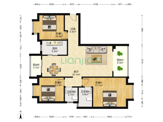 龙湖嘉誉二期 3室1厅2卫 116平方