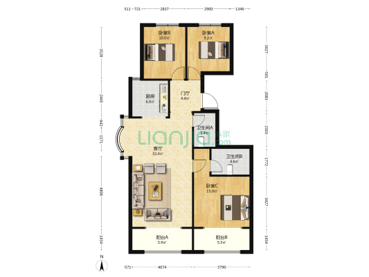 良友锦园 3室1厅2卫 129平方