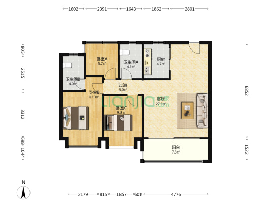 金隅中交山湖云筑 3室1厅2卫 109平方