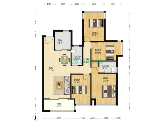 禹洲嘉荟星岛 4室1厅2卫 128平方