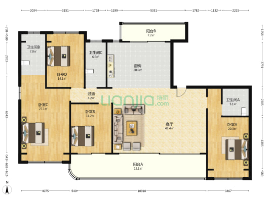 中洋金镶玉公寓 4室1厅3卫 225平方
